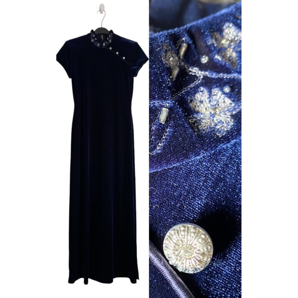 VTG Arianna by Teresa Page‎ Maxi Dress Velvet Evening Gown Navy Blue Beaded Sz10